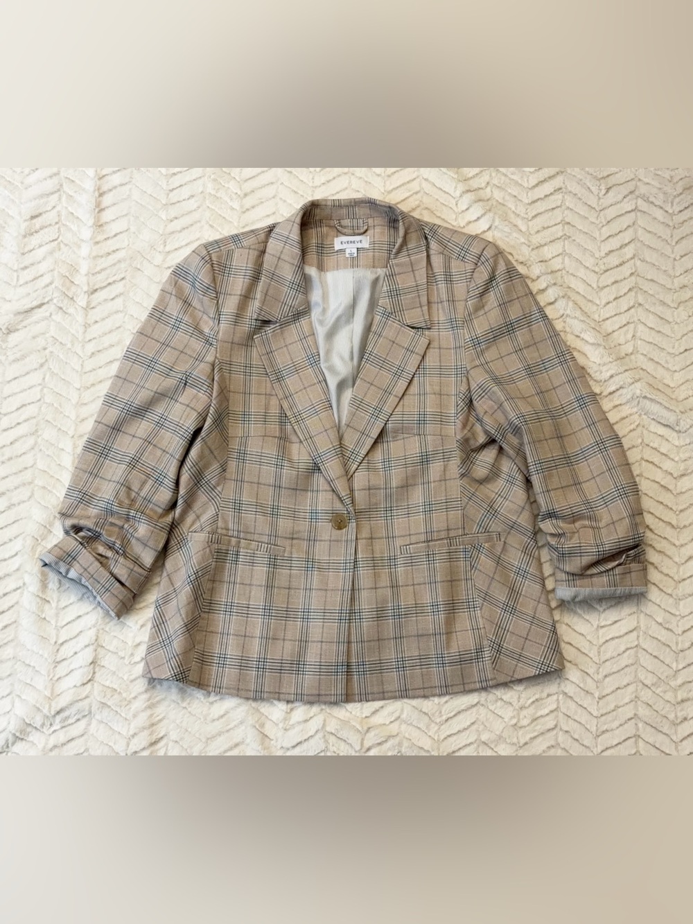 Evereve Plaid Blazer Large Beige Tan Ruched Sleeve One Button Career Jacket